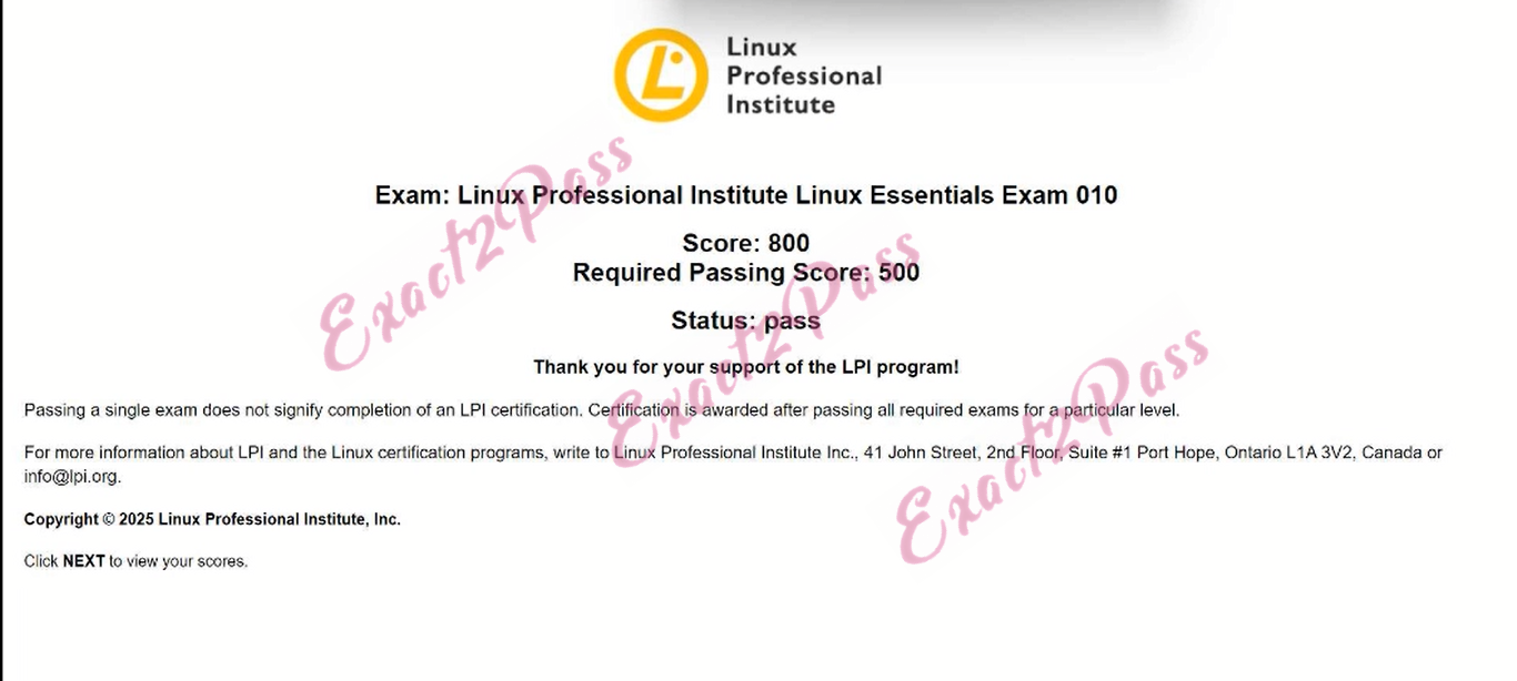 Verified passing result for LPI Linux Essentials 010-160 exam 1