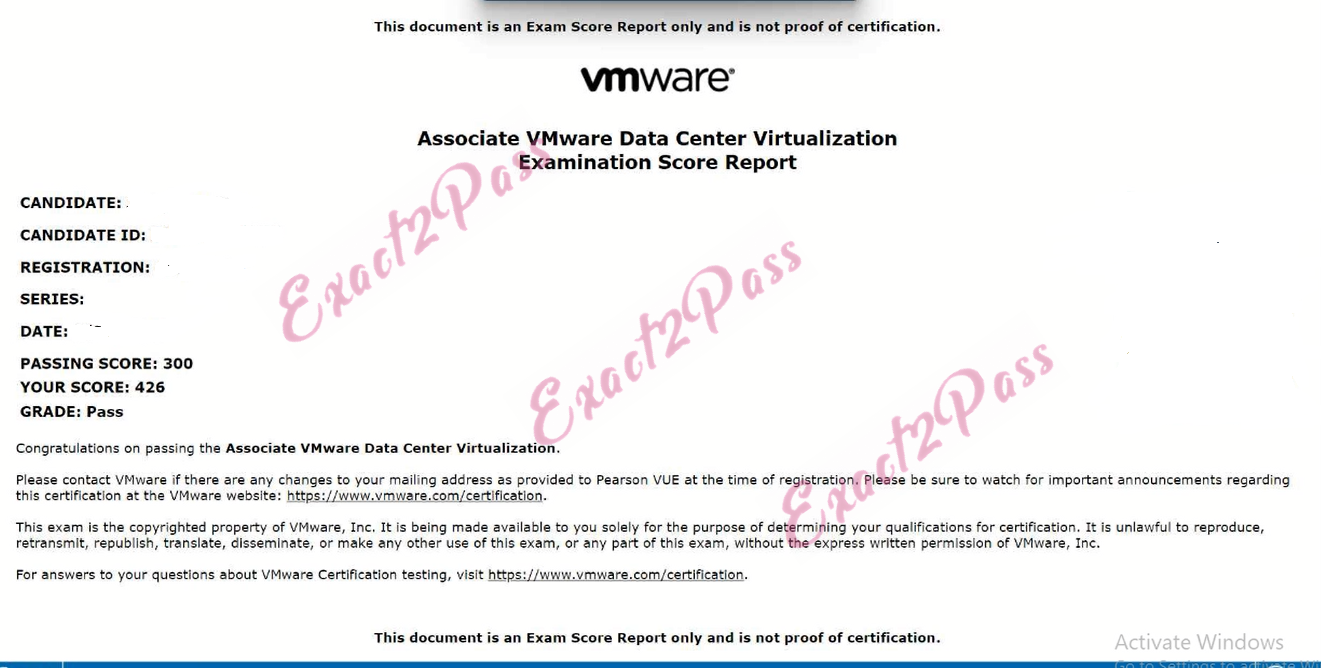 Verified passing result for VMware Certified Technical Associate - Data Center Virtualization 2020 1V0-21.20 exam 1