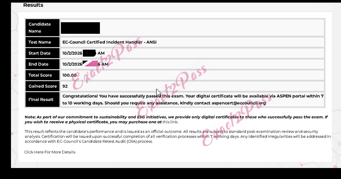Verified passing result for ECIH 212-89 exam 1