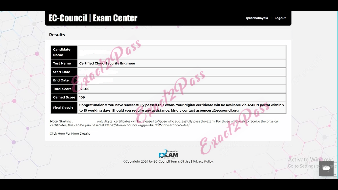 Verified passing result for Certified Cloud Security Engineer (CCSE) 312-40 exam 1