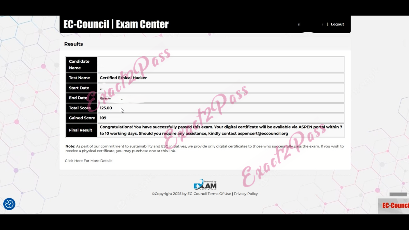 Verified passing result for CEH v12 312-50v12 exam 1