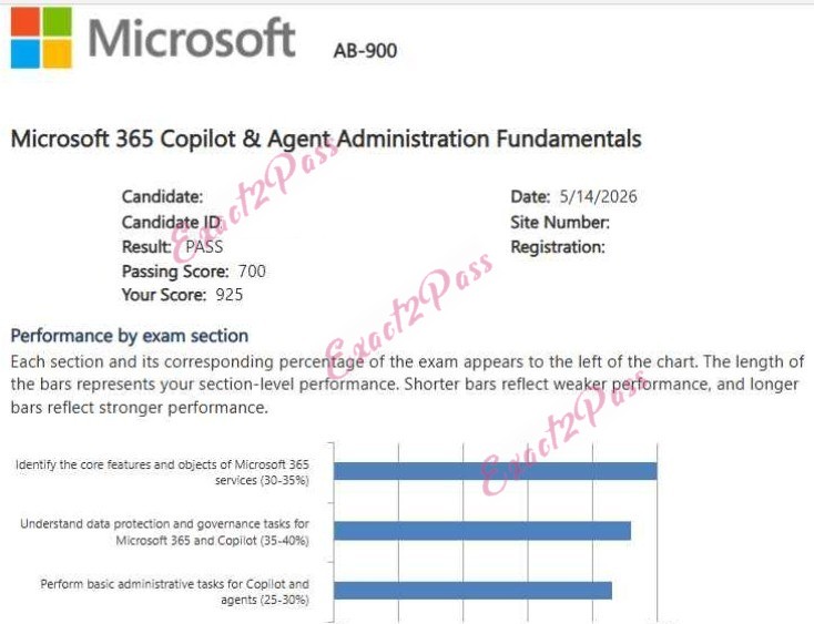 Verified passing result for Microsoft 365 Certified: Copilot and Agent Administration Fundamentals AB-900 exam 1