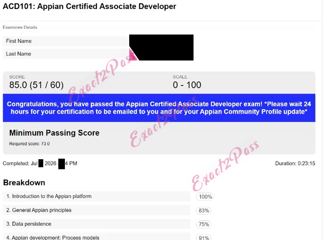 Verified passing result for Associate Developer ACD101 exam 1