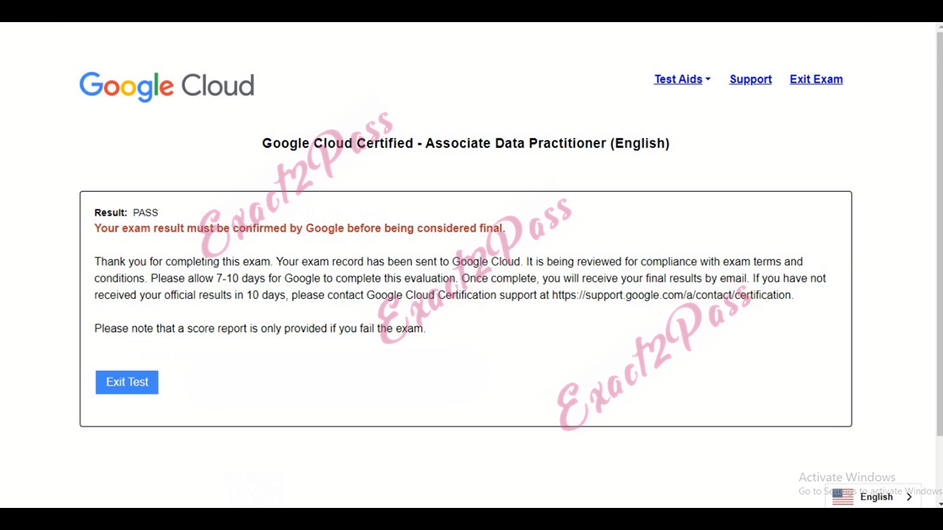 Verified passing result for Google Cloud Platform Associate-Data-Practitioner exam 1