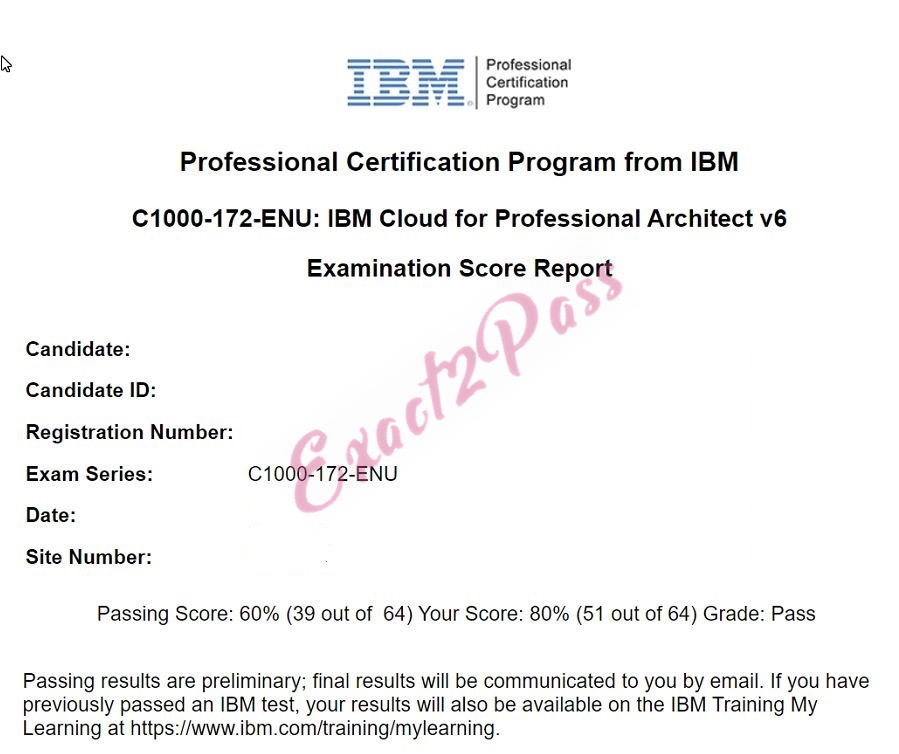 Verified passing result for IBM Cloud: Cloud Solutions C1000-172 exam 1