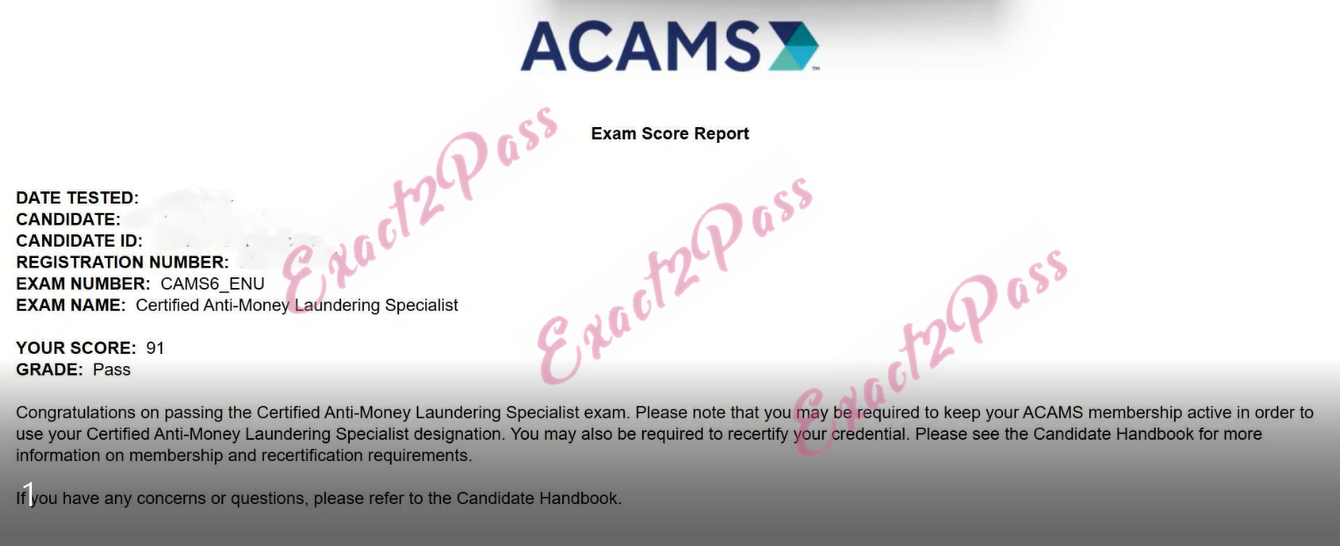 Verified passing result for AML Certifications CAMS exam 3