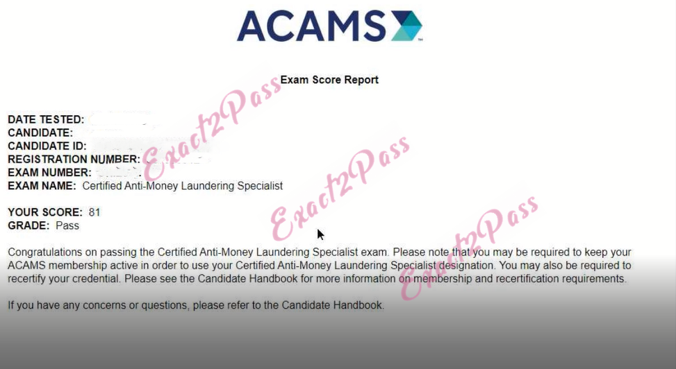 Verified passing result for AML Certifications CAMS exam 1