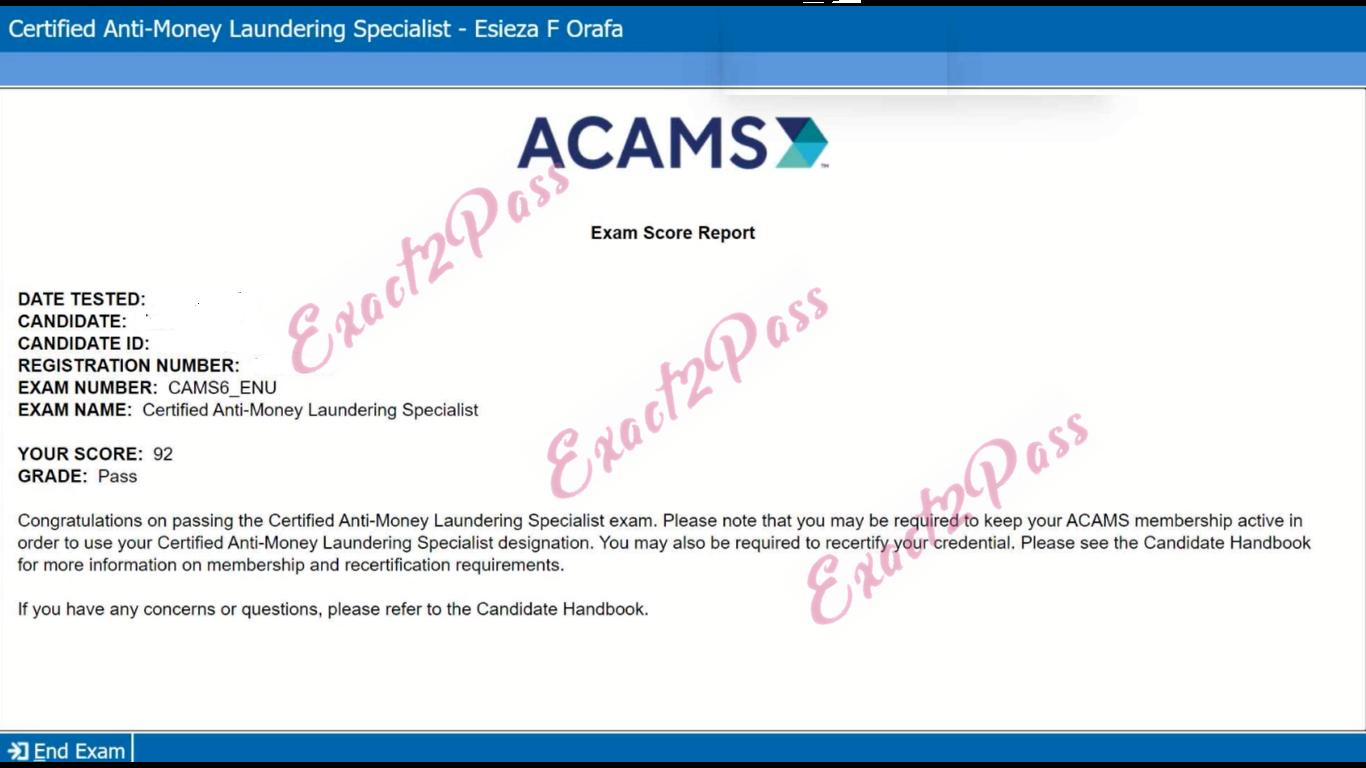 Verified passing result for AML Certifications CAMS exam 2