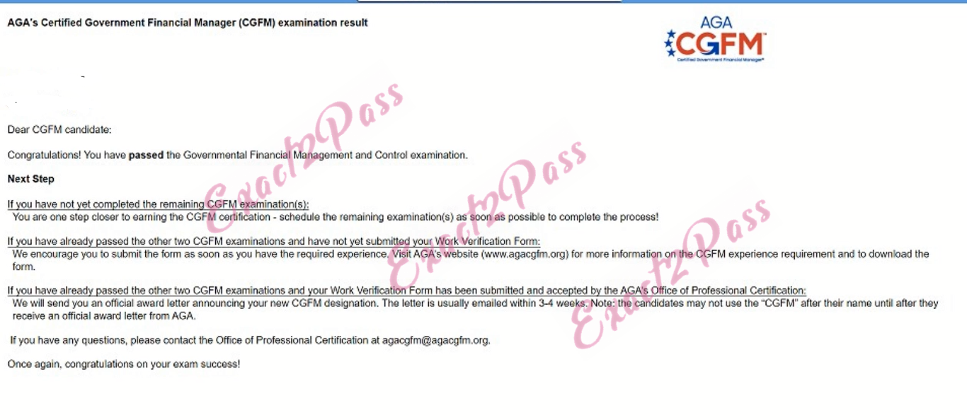 Verified passing result for Government Financial Manager CGFM exam 1