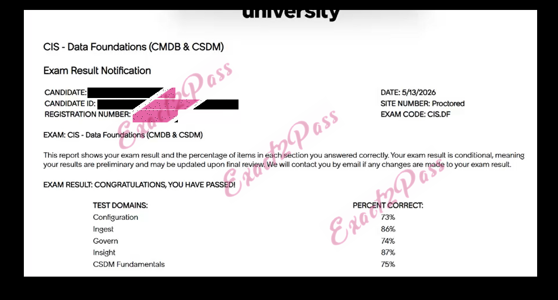 Verified passing result for CIS-Data Foundations (CMDB and CSDM) CIS-DF exam 1