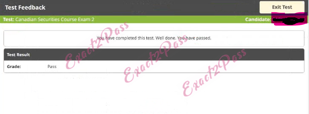 Verified passing result for Canadian Securities Course CSC2 exam 1