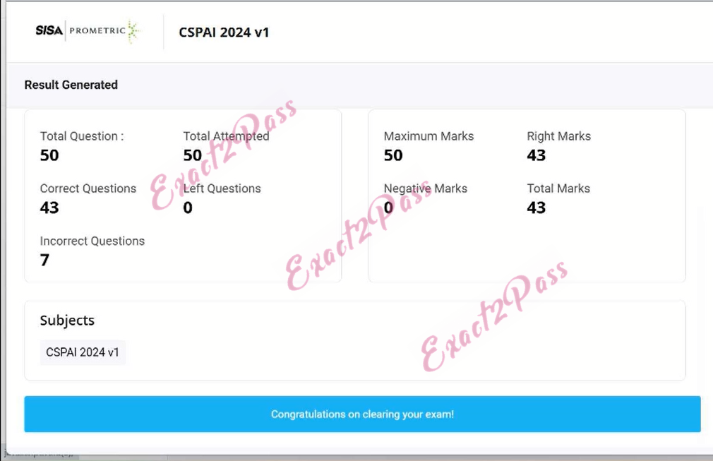 Verified passing result for Cyber Security for AI CSPAI exam 1