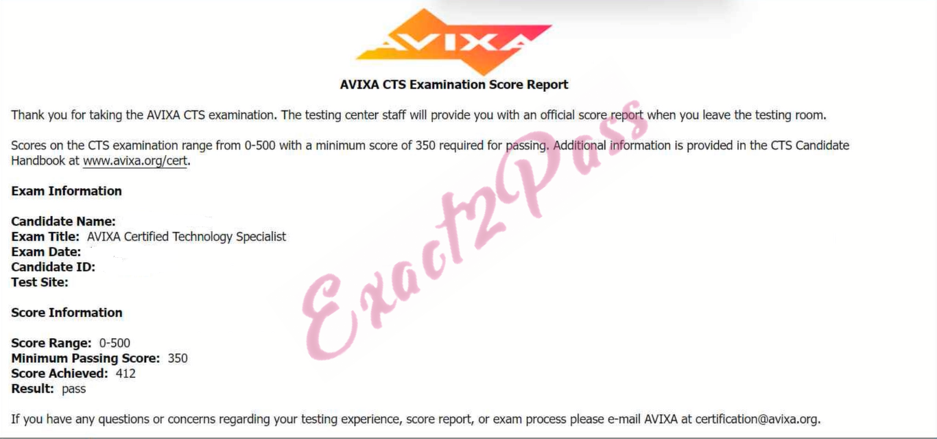 Verified passing result for AVIXA Communications Certifications  CTS exam 1