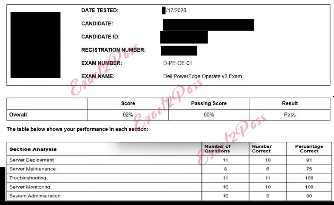 Verified passing result for DECA-PowerEdge D-PE-OE-01 exam 1