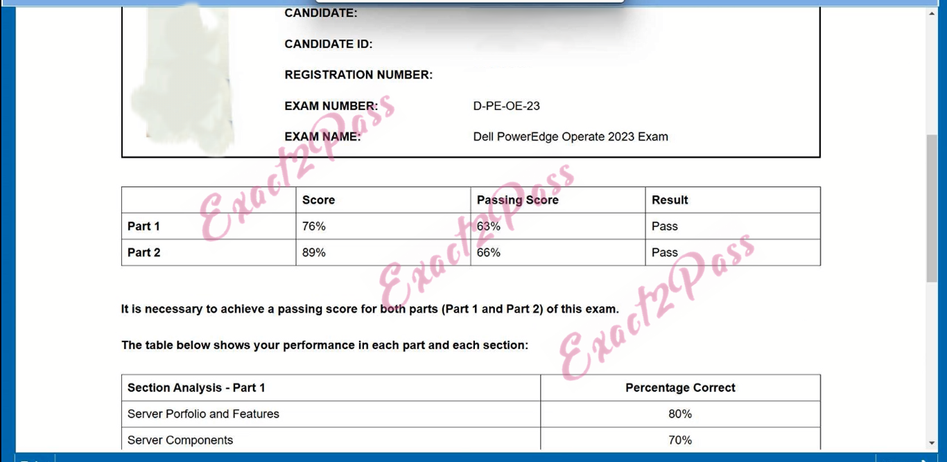Verified passing result for DECA-PowerEdge D-PE-OE-23 exam 1