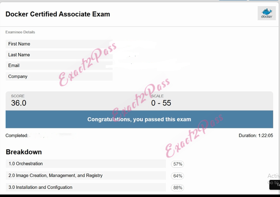 Verified passing result for Docker Certified Associate DCA exam 1