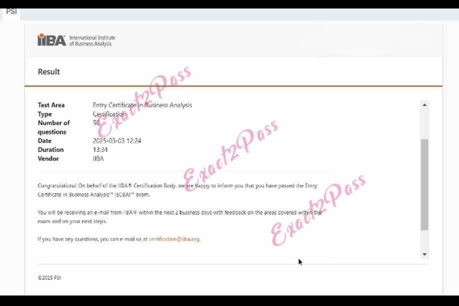 Verified passing result for Entry Certificate in Business Analysis ECBA exam 1