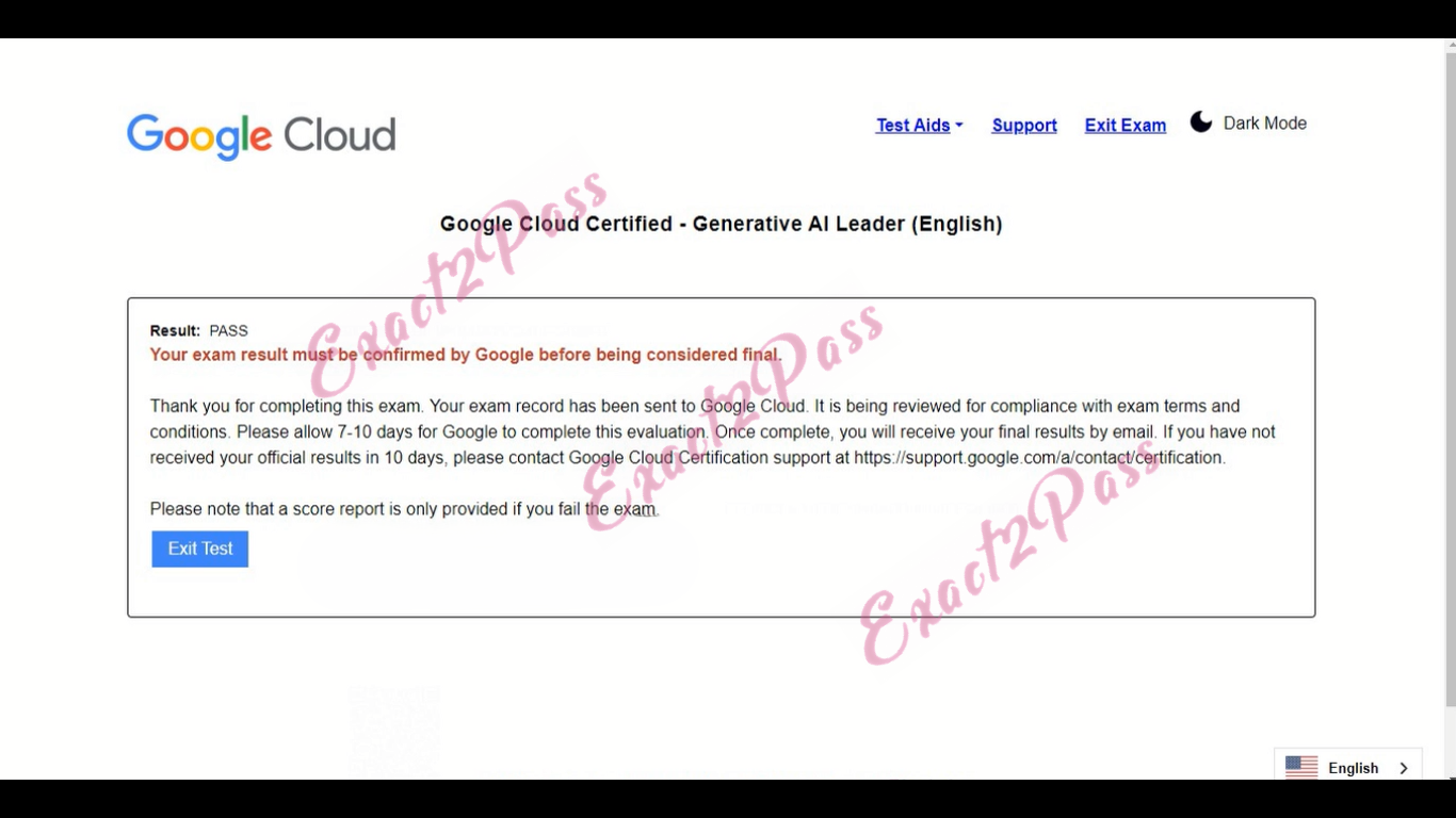 Verified passing result for Google Cloud Certified Generative-AI-Leader exam 1