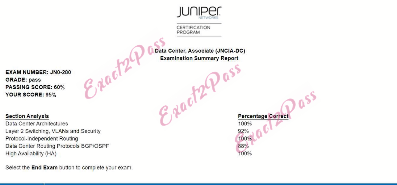 Verified passing result for JNCIA-DC JN0-280 exam 1
