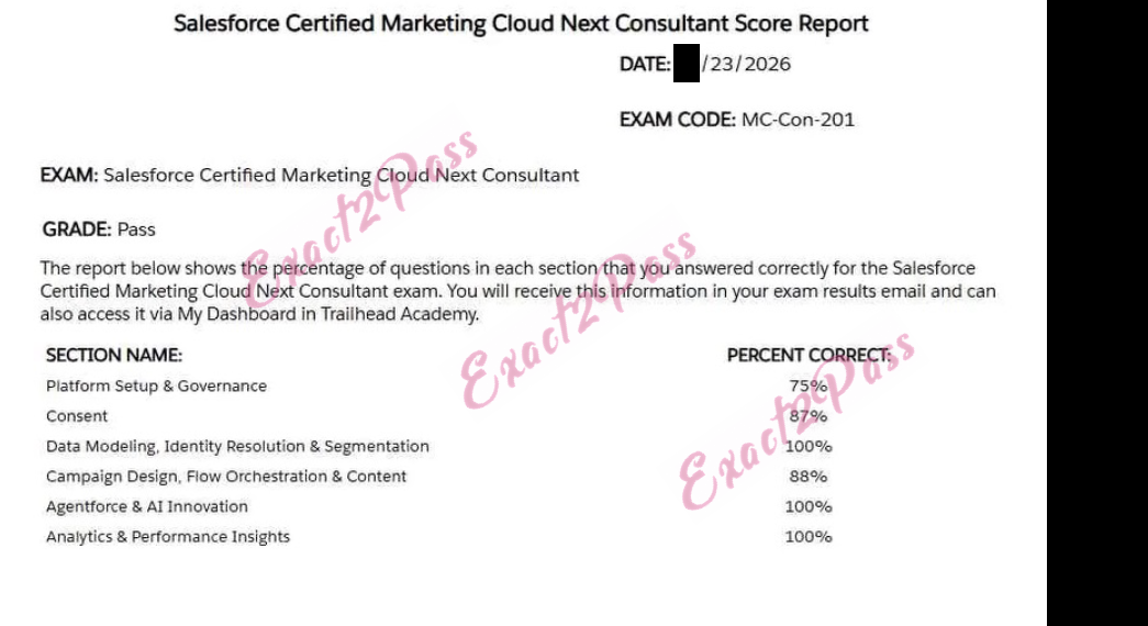 Verified passing result for Marketing Cloud Consultant MC-Con-201 exam 1