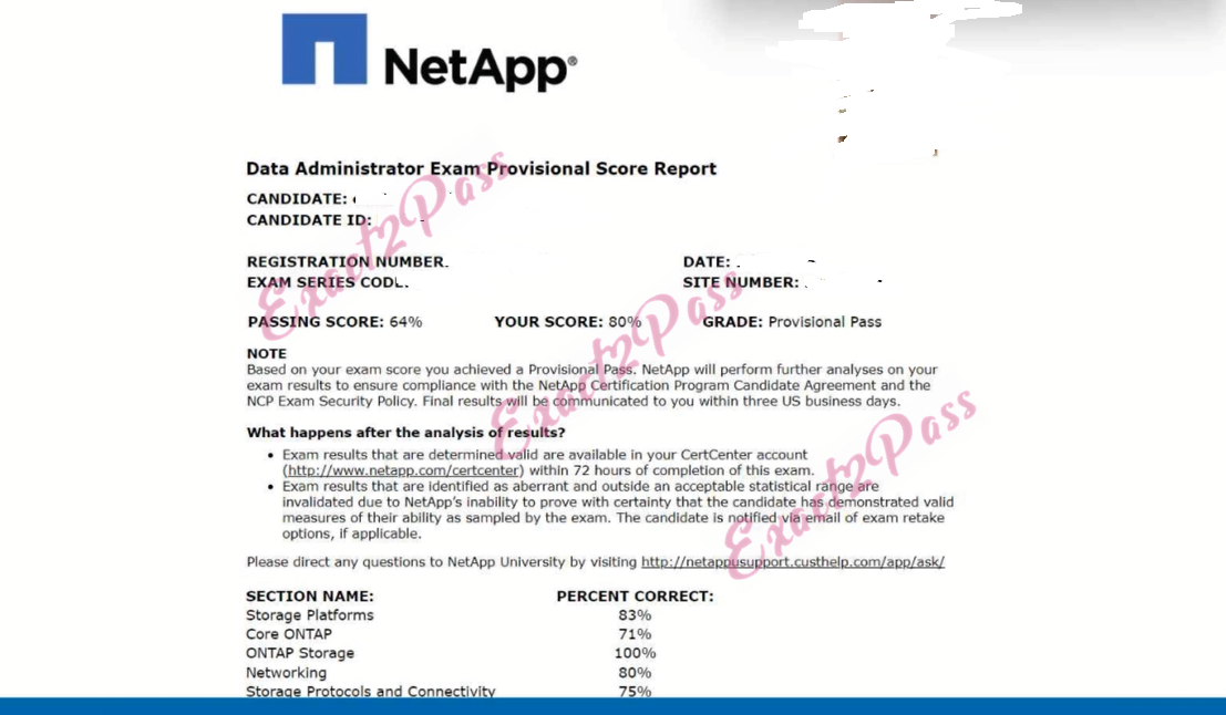 Verified passing result for Certified Data Administrator (NCDA) NS0-162 exam 1