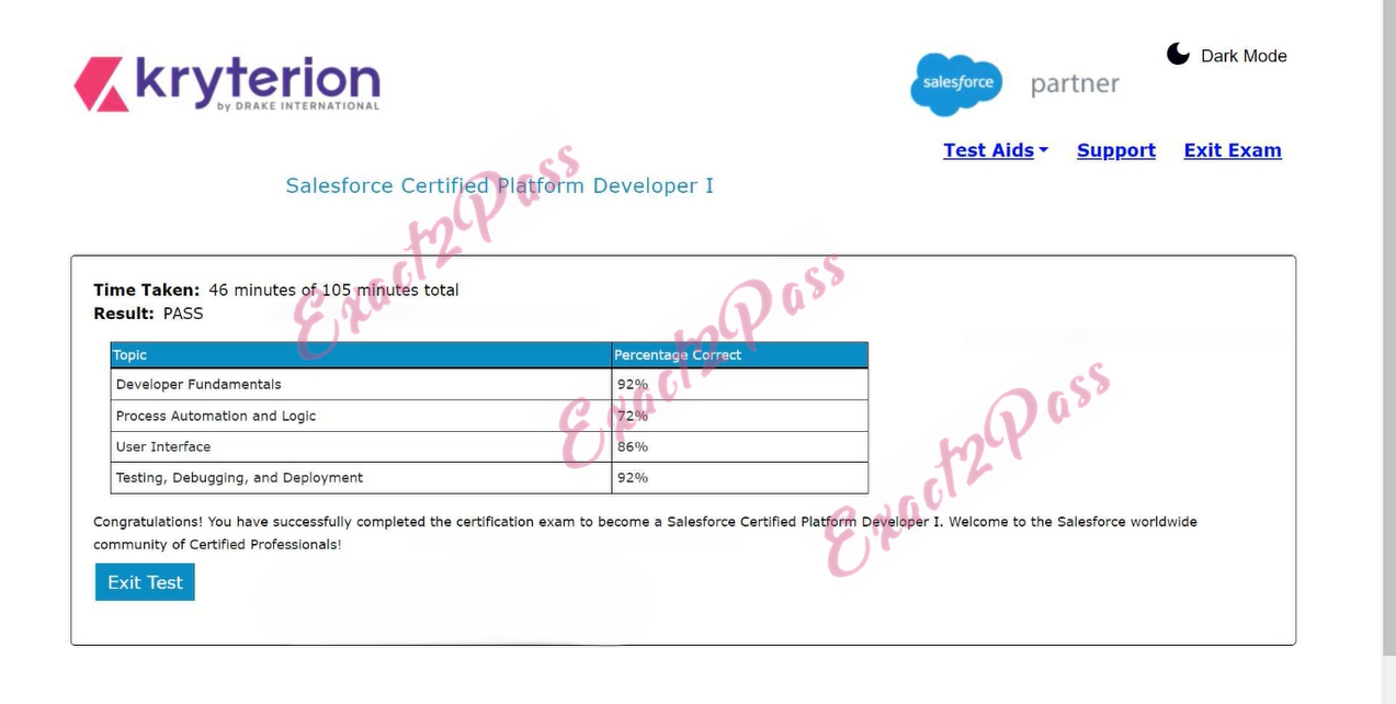 Verified passing result for Developers PDI exam 1