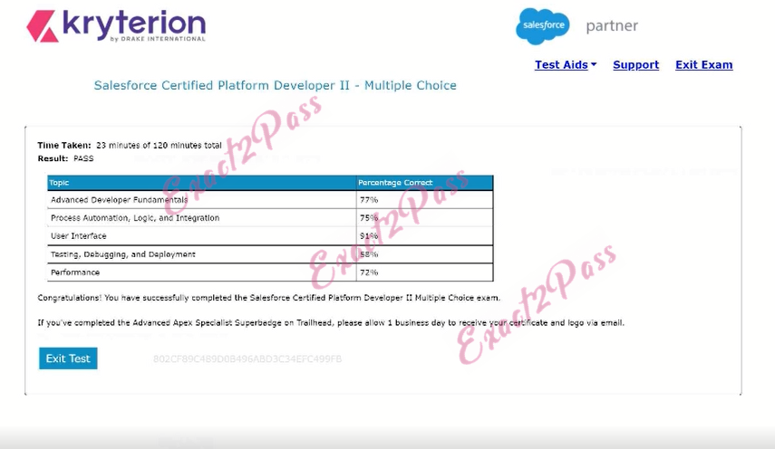 Verified passing result for Developers PDII exam 1