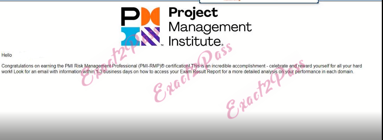 Verified passing result for PMI Certification PMI-RMP exam 1