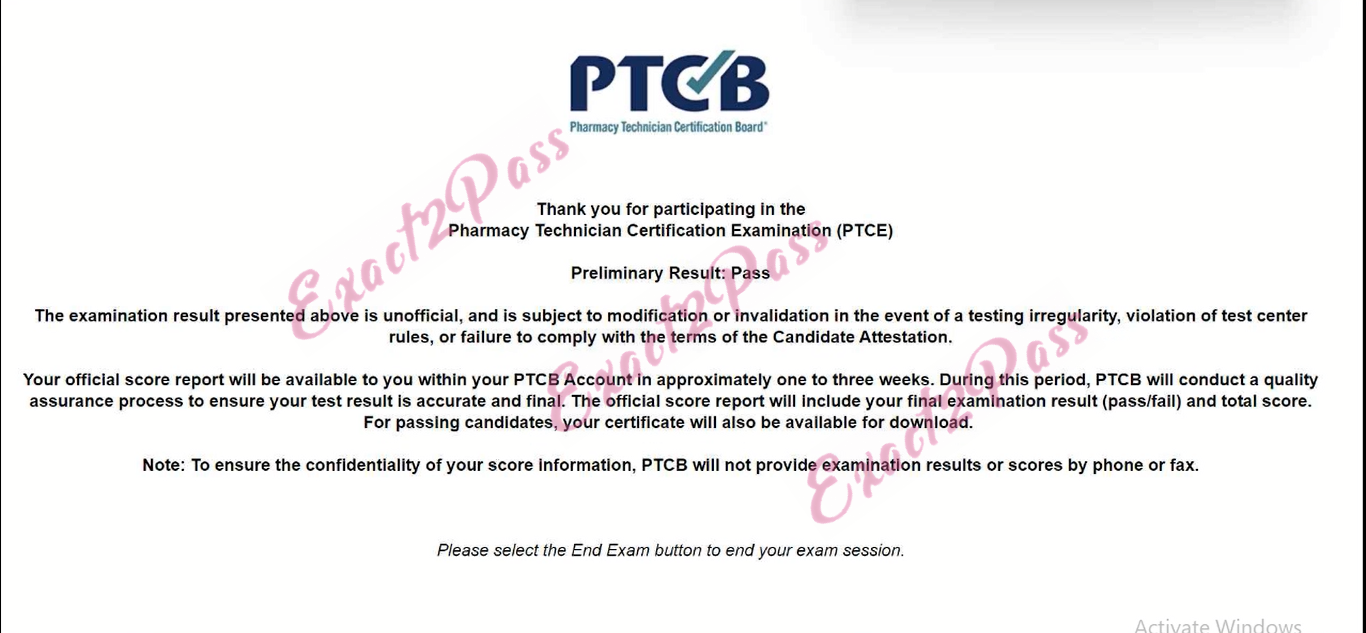 Verified passing result for CPhT PTCE exam 1