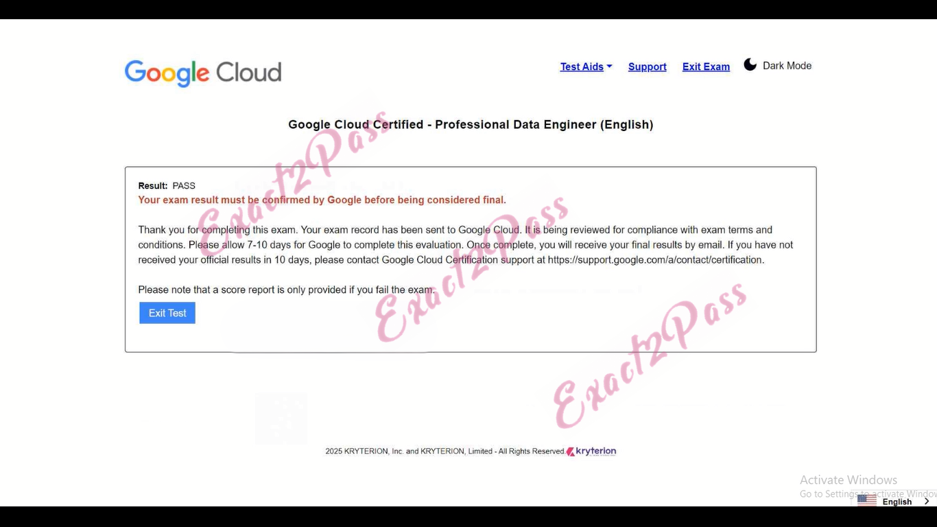 Verified passing result for Google Cloud Certified Professional-Data-Engineer exam 2