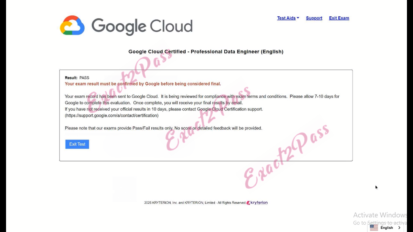 Verified passing result for Google Cloud Certified Professional-Data-Engineer exam 1