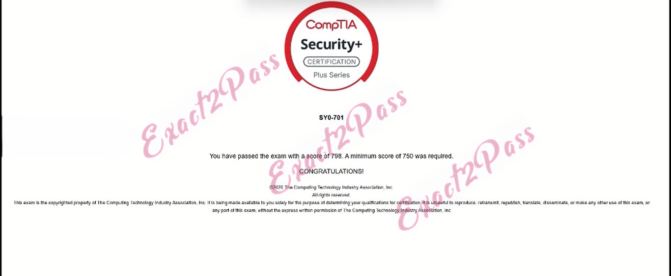 Verified passing result for CompTIA Security+ SY0-701 exam 3