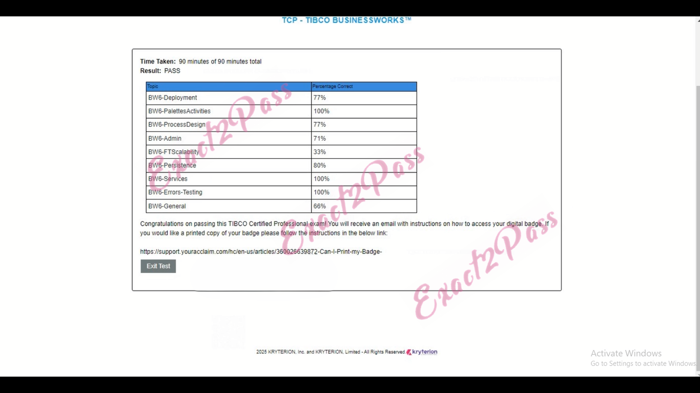 Verified passing result for TIBCO BusinessWorks 6 TCA-Tibco-BusinessWorks exam 1