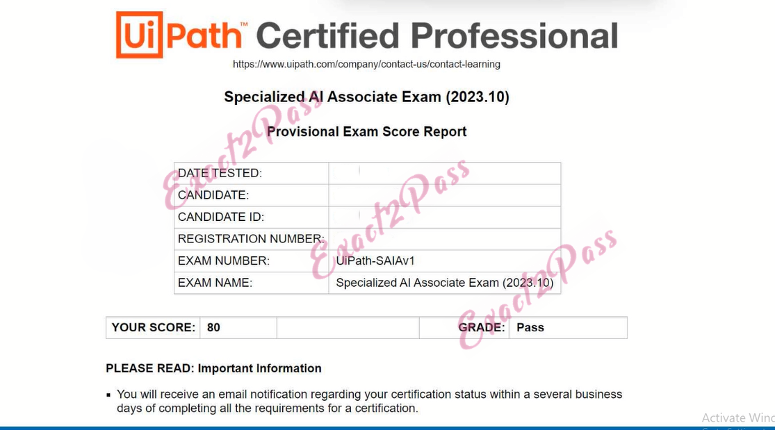 Verified passing result for UiPath Specialized AI Associate UiPath-SAIAv1 exam 1